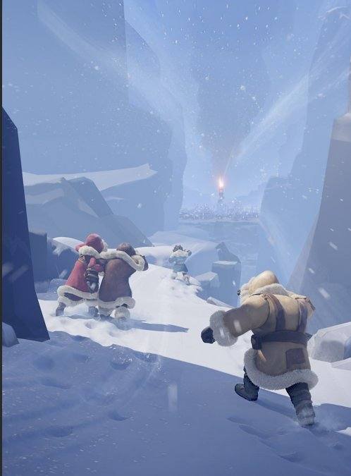 Survivors hiking through an ice canyon toward the distant furnace light — Whiteout Survival private server