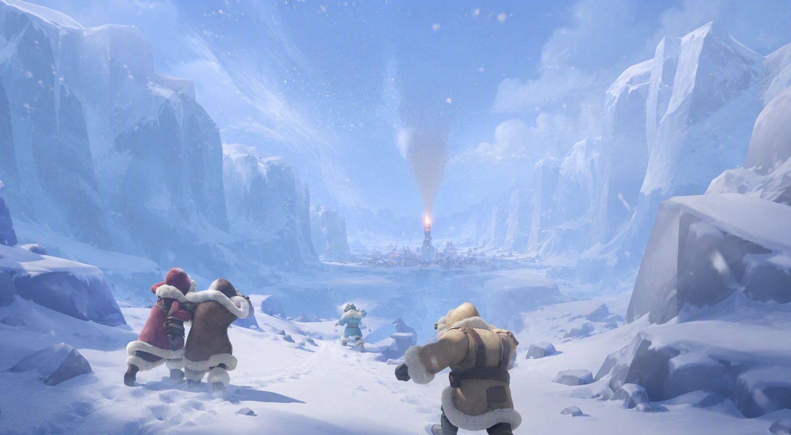 Survivors hiking through an ice canyon toward the distant furnace light — Whiteout Survival private server